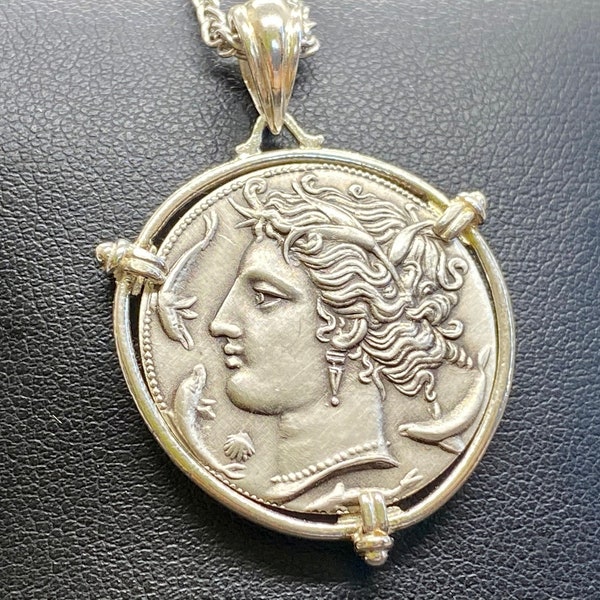 Arethusa surrounded by dolphins Syracuse  Sterling Silver Greek Coin Pendant