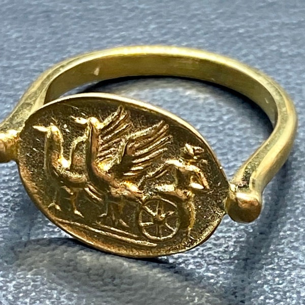 Chariot drawn by griffins Greek Coin jewelry Ring Gold handmade copy mythology jewelry