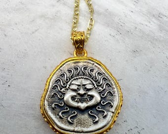 Medusa Gorgon protective ancient Greek coin pendant Sterling Silver Gold plated