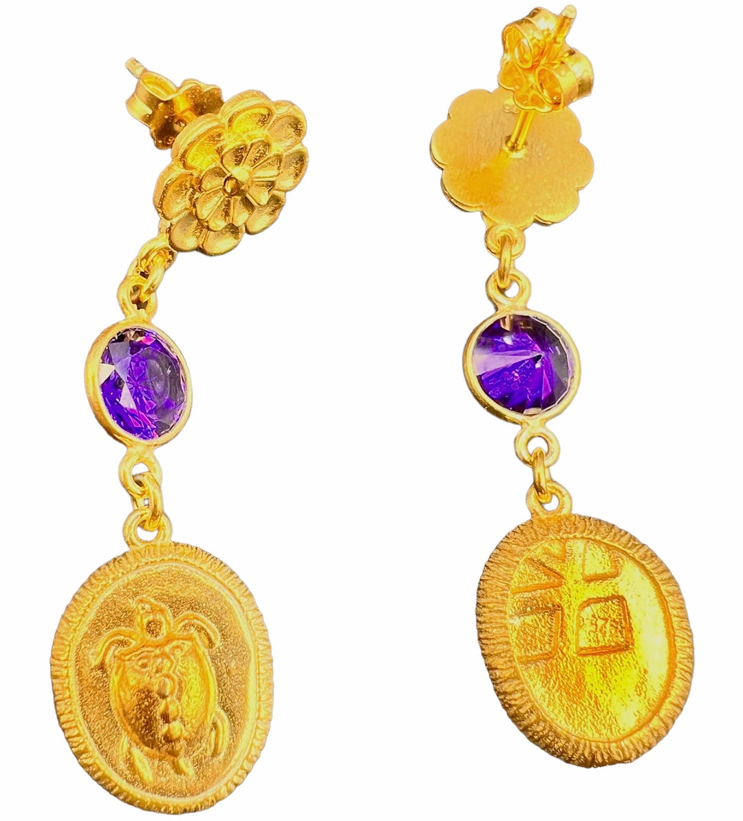 Turtle Aegina Ancient Greek Coin Copy Earrings Amethyst Sterling Silver ...