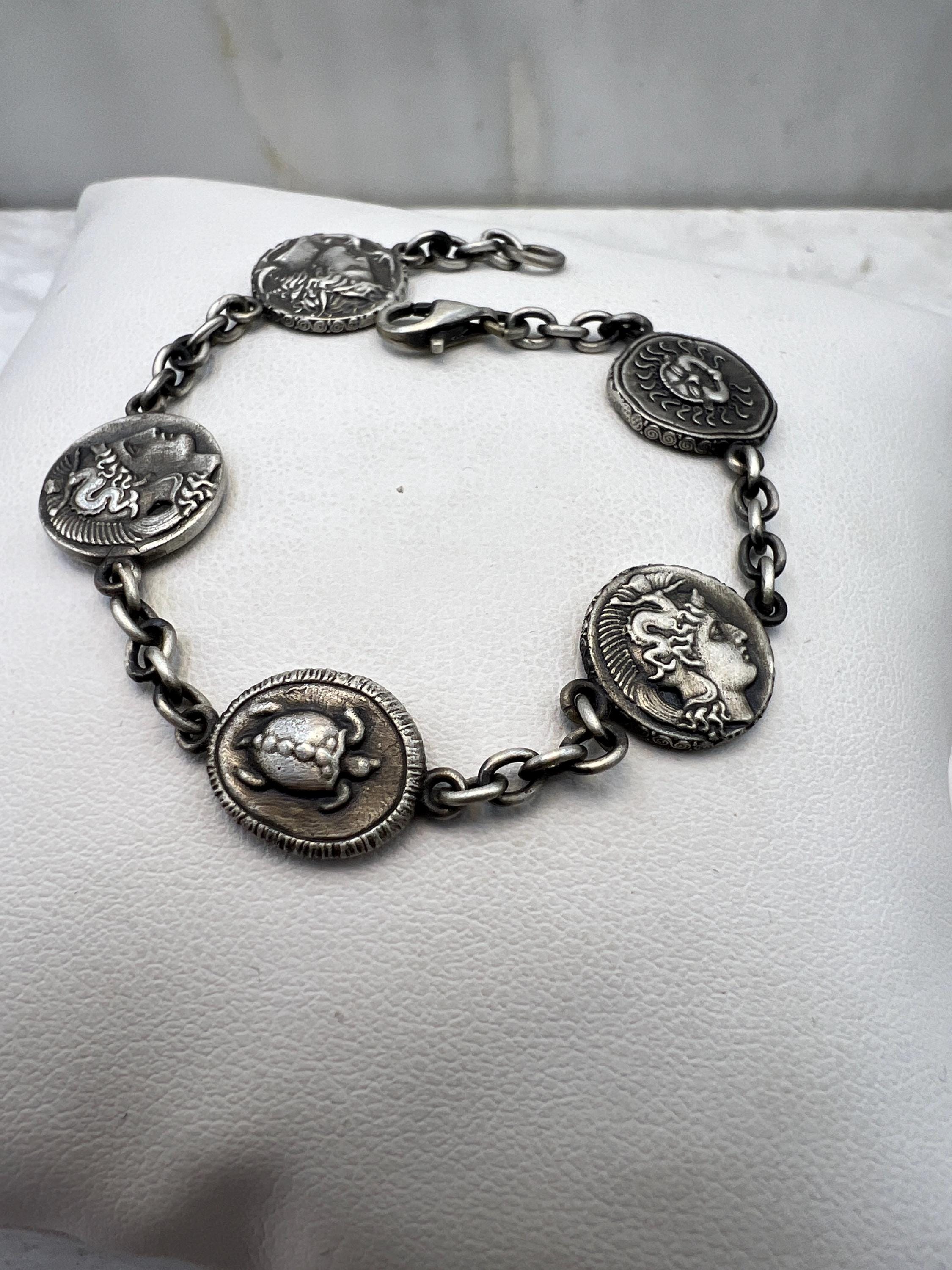 Ancient Greek Coin Bracelet &ndash; Athena Owl Medusa Helios Turtle Hercules Sterling Silver Charm B