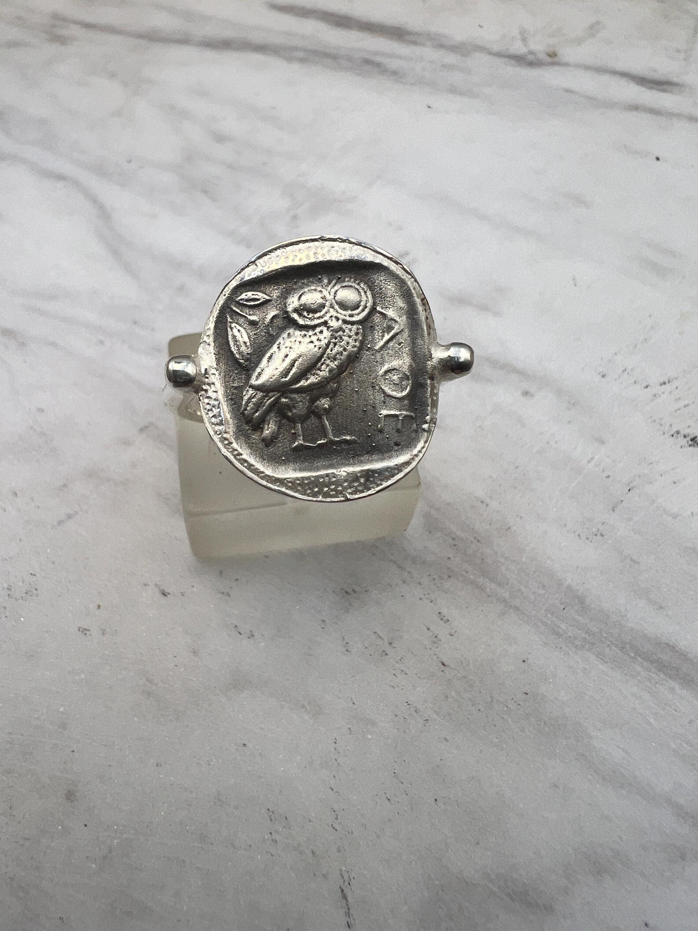 Athena Owl Coin Ring &ndash; Sterling Silver Ancient Greek Goddess Signet Ring
