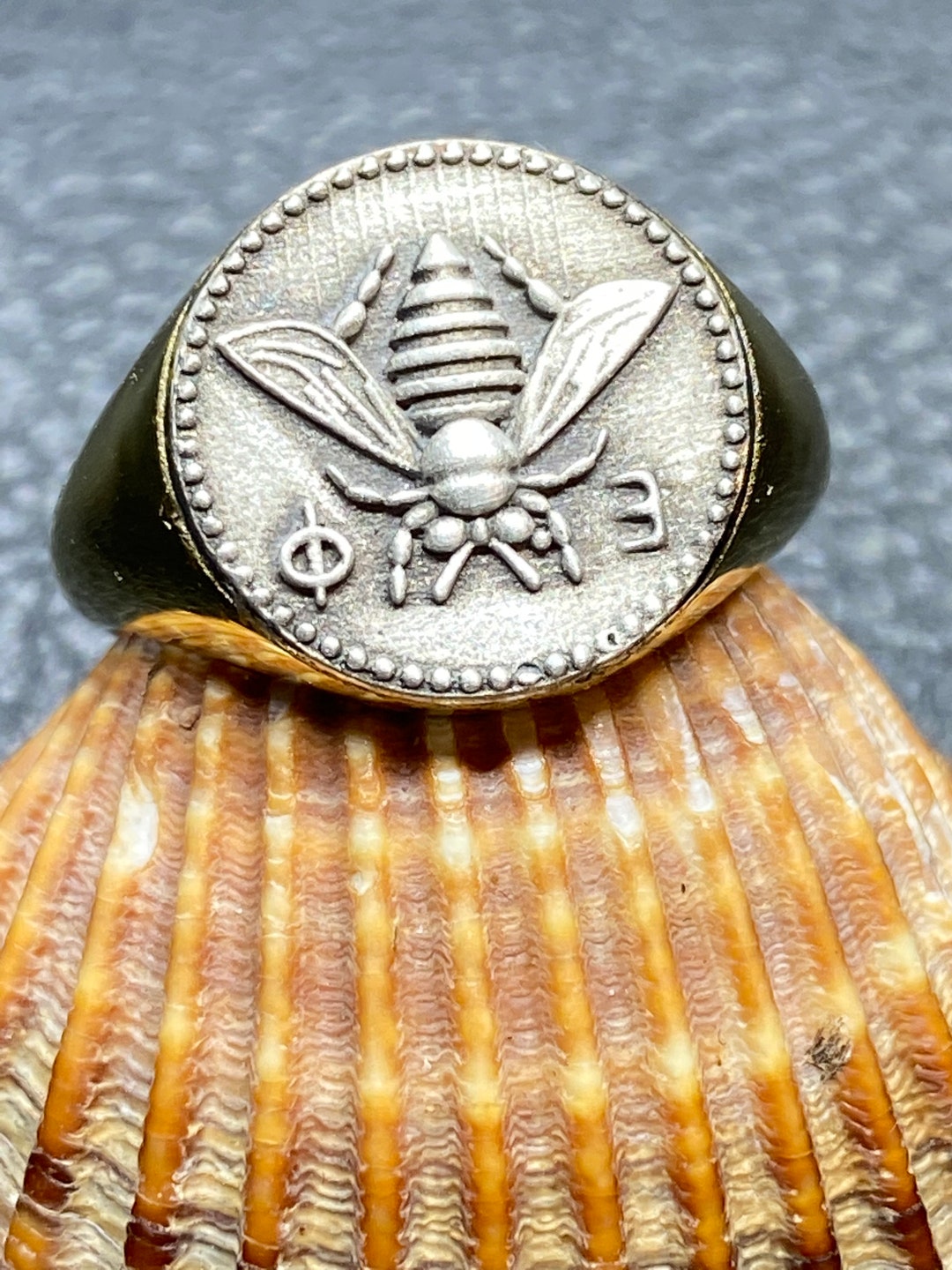Greek Sacred Bee Artemis Goddess Medallion Coin Ring , Sterling silver bee ring bumble bee, honey bee signet ring MEANDROS