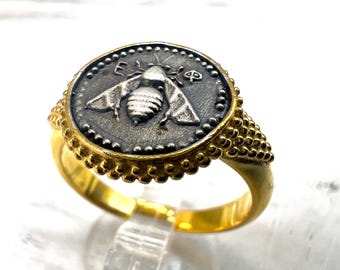 Sacred Bee Artemis Ring: Ancient Greek Coin Medallion, Sterling Silver