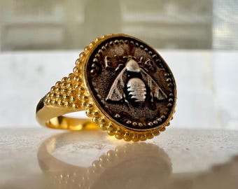 Sacred Bee Artemis Sterling Silver Gold plated Coin Ring: Ancient Greek Goddess
