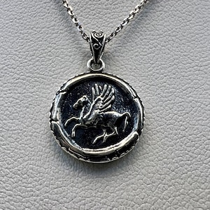 Goddess Athena and Pegasus Handcrafted Sterling silver  Horse Pendant Magical horse