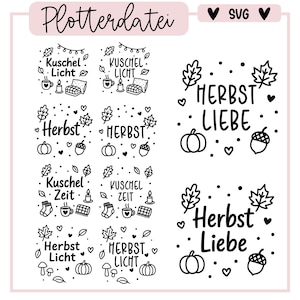 Könnte beinhalten: Ein digitales Dateiset mit schwarzen Strichzeichnungen auf weißem Hintergrund. Die Grafiken enthalten Texte wie Plotterdatei, Kuschel Licht, Herbst, Kuschel Zeit und Herbst Liebe, ergänzt durch Symbole von Kürbissen, Eicheln, Blättern und Tassen.