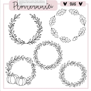 May include: A collection of five black and white digital illustrations featuring circular wreaths. The designs include foliage, berries, oak leaves, an acorn, and two pumpkins. The text Plotterdatei and SVG are visible at the top of the image.