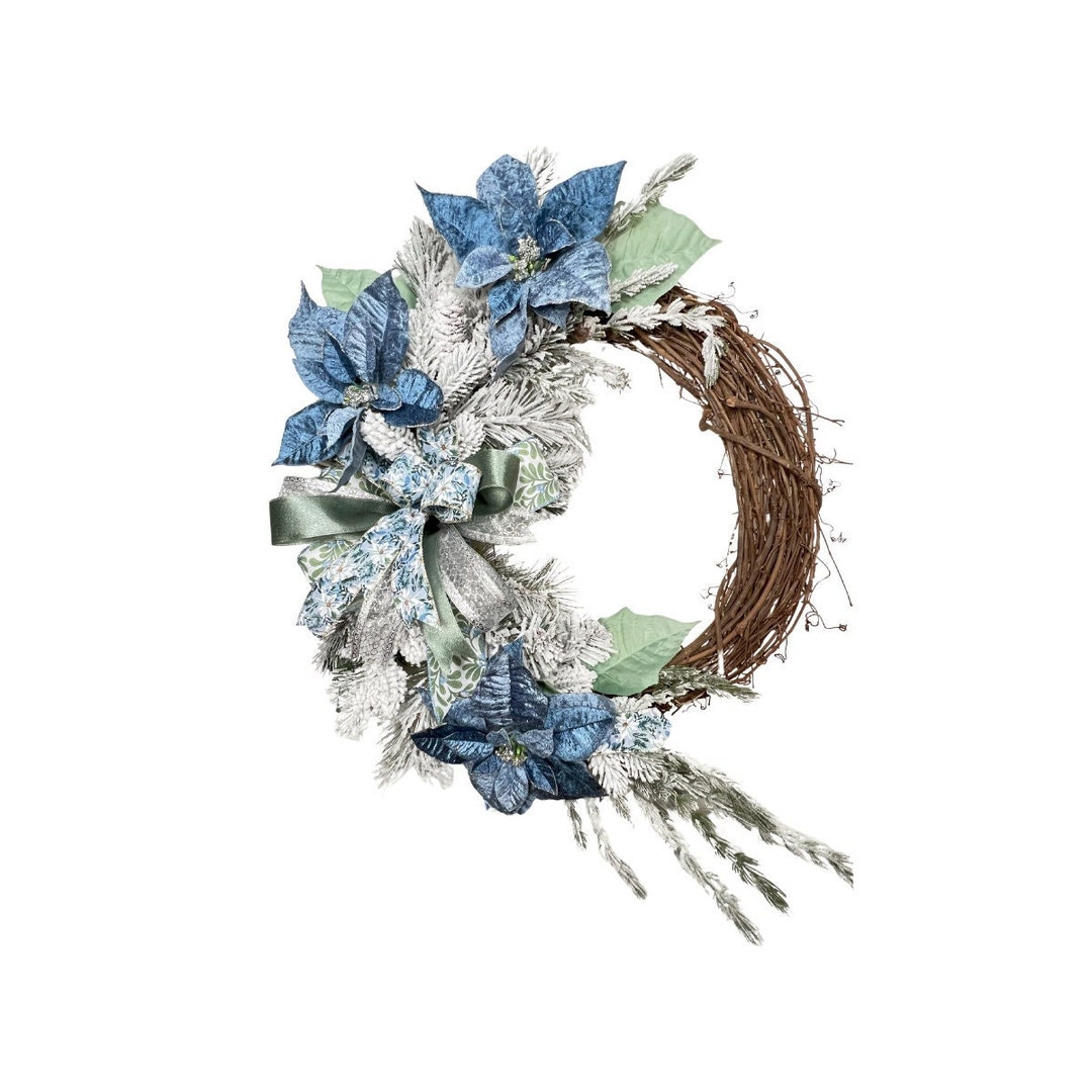 Blue Poinsettia and Snow-covered Pine Branches Front Door Wreath for ...