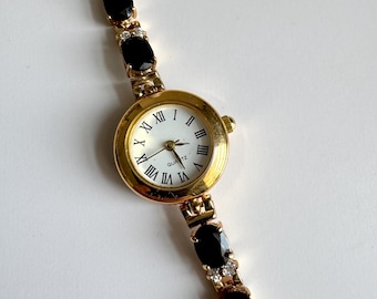 Vintage horloge met zwarte toermalijn en zirkoniasteen | Werkende edelsteenarmband | Uniek damescadeau
