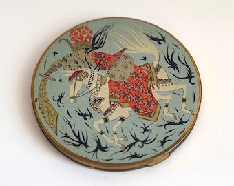Vintage Vogue Vanities Powder Compact: Intricate Warrior & Horse Design, English-Made Collectible Mirror