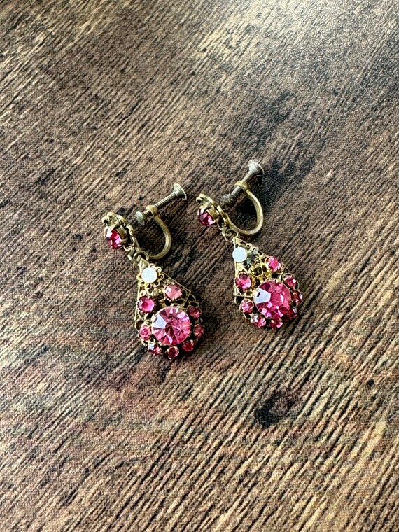 Vintage Czech Pink Rhinestone Screw Back Earrings… - image 3