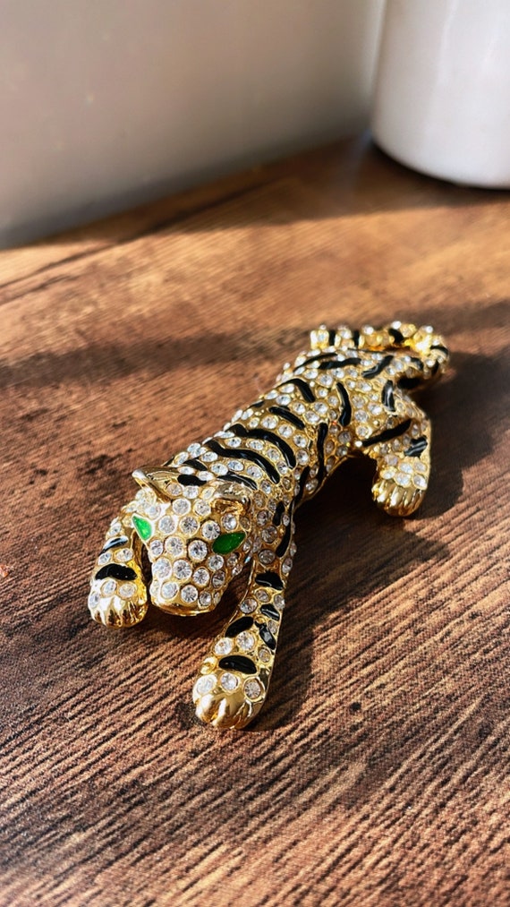 Rhinestone Tiger Brooch with Green Enamel Eyes | S