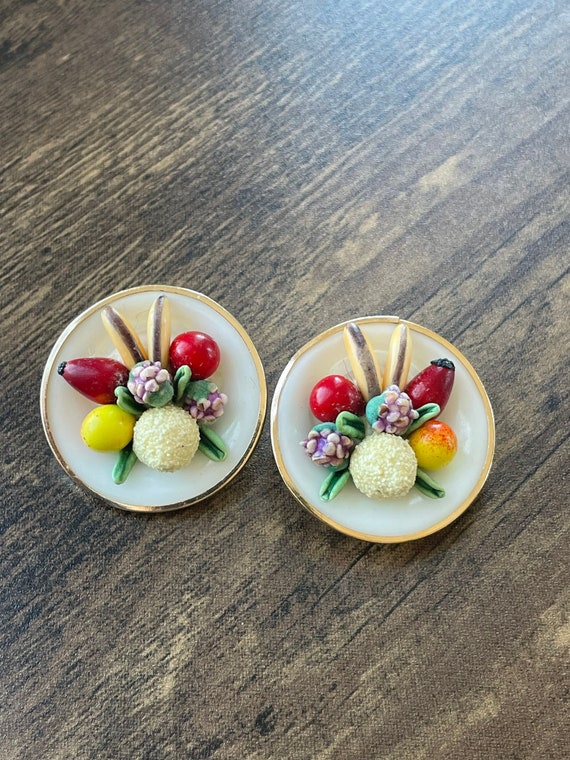 White Fruit Basket Clip On Earrings | Fruit Earrin