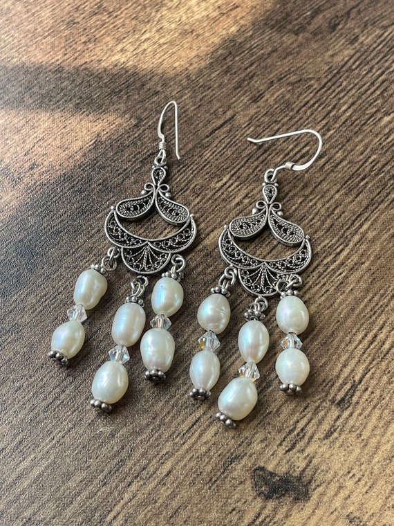 Sterling Silver Pearl Dangle Earrings | Pearl Earr