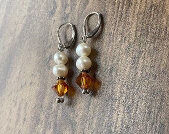 Vintage Sterling Silver Pearl and Swarovski Bead Earrings | Pearl Earrings | Sterling Silver Earrings | Mothers Day Gift | Swarovski Beads