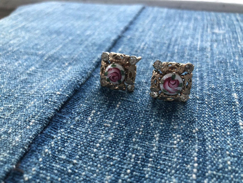 Rhinestone Weiss Earrings Weiss Vintage Signed Weiss Painted Enamel and Rhinestone Screw Back Earrings Painted Flowers Rare Vintage