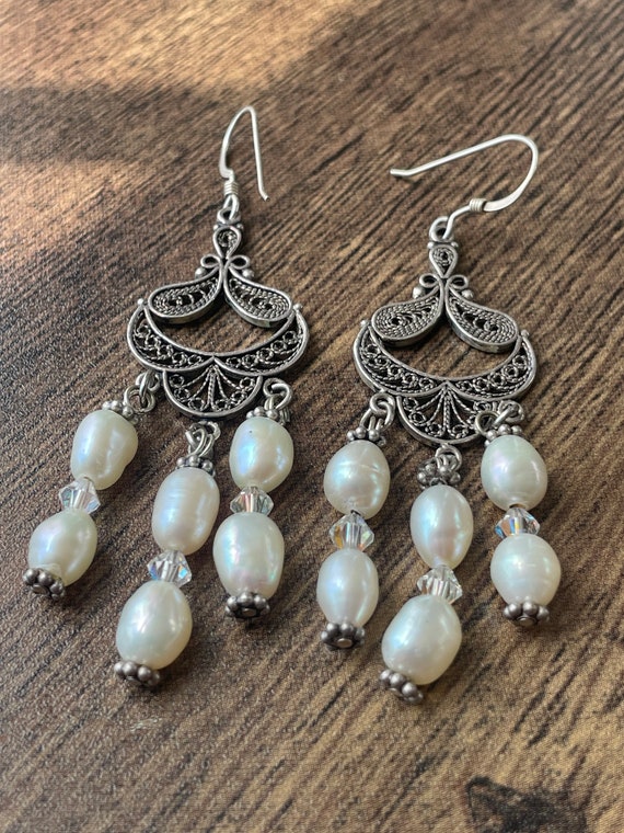 Sterling Silver Pearl Dangle Earrings | Pearl Ear… - image 2