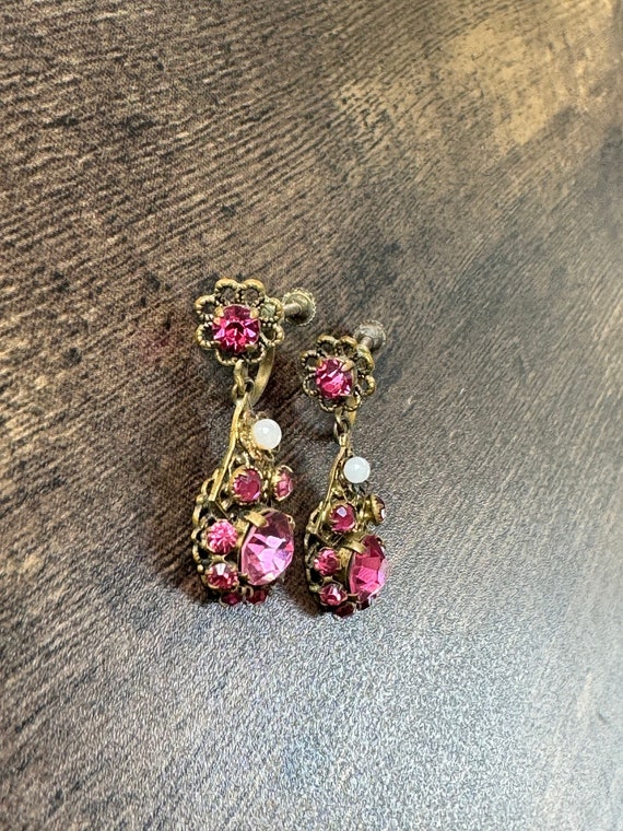 Vintage Czech Pink Rhinestone Screw Back Earrings… - image 6