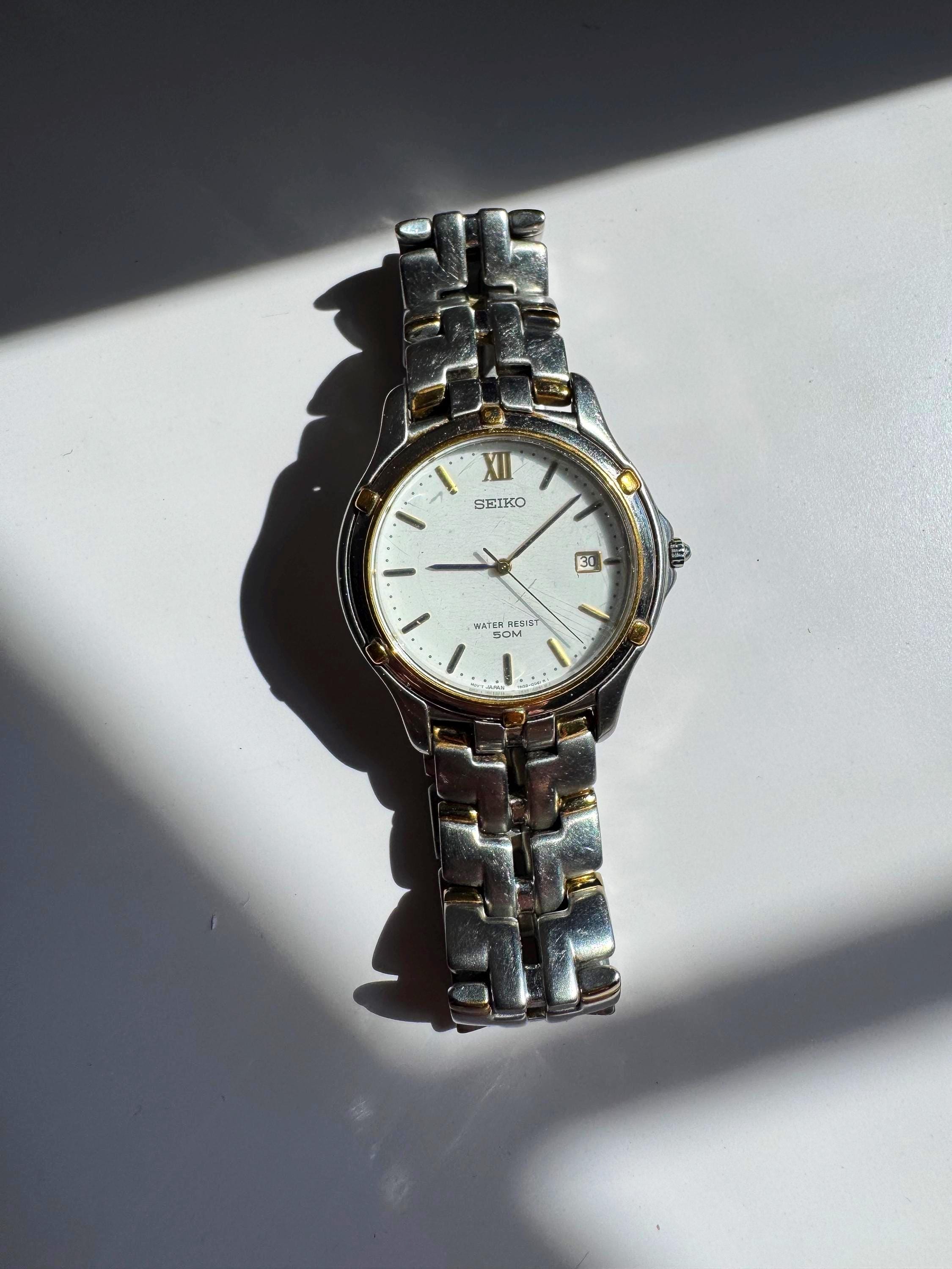 Vintage Seiko Men's Stainless Steel Date Watch - White Dial, Mixed Metals, New Battery