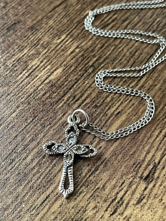 Vintage Sterling Silver Marcasite Cross Necklace |