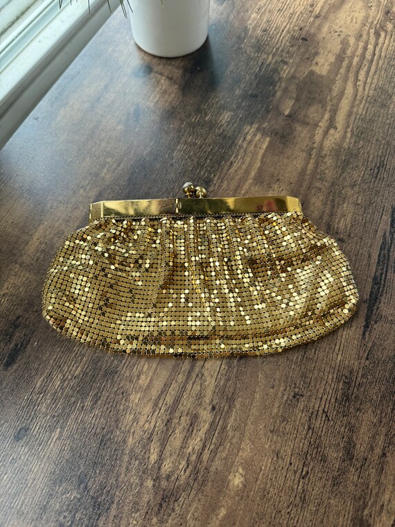 1950s Gold Metallic Mesh Clutch Purse with Square 