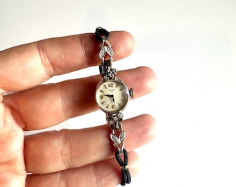 Vintage Elgin Ladies Cocktail Watch: 10k White Gold Plated, Diamond Accents, Mechanical Movement