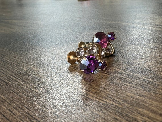 Vintage Purple Rhinestone Screw Back Earrings | S… - image 2