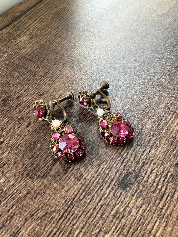 Vintage Czech Pink Rhinestone Screw Back Earrings… - image 2