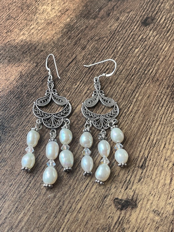 Sterling Silver Pearl Dangle Earrings | Pearl Ear… - image 3