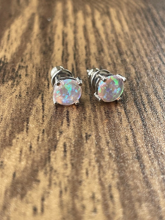 Sterling Silver Simulated Opal Stud Earrings | St… - image 2