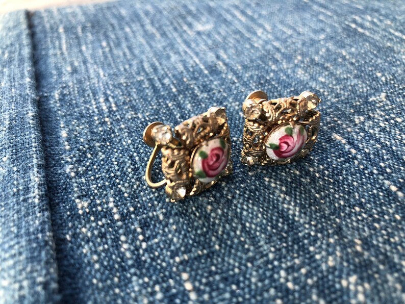 Rhinestone Weiss Earrings Weiss Vintage Signed Weiss Painted Enamel and Rhinestone Screw Back Earrings Painted Flowers Rare Vintage