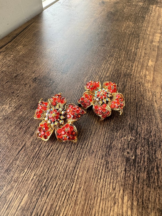 Large Orange Rhinestone Flower Clip On Earrings | 