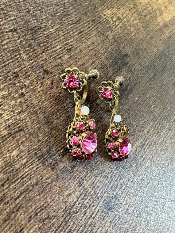 Vintage Czech Pink Rhinestone Screw Back Earrings… - image 1