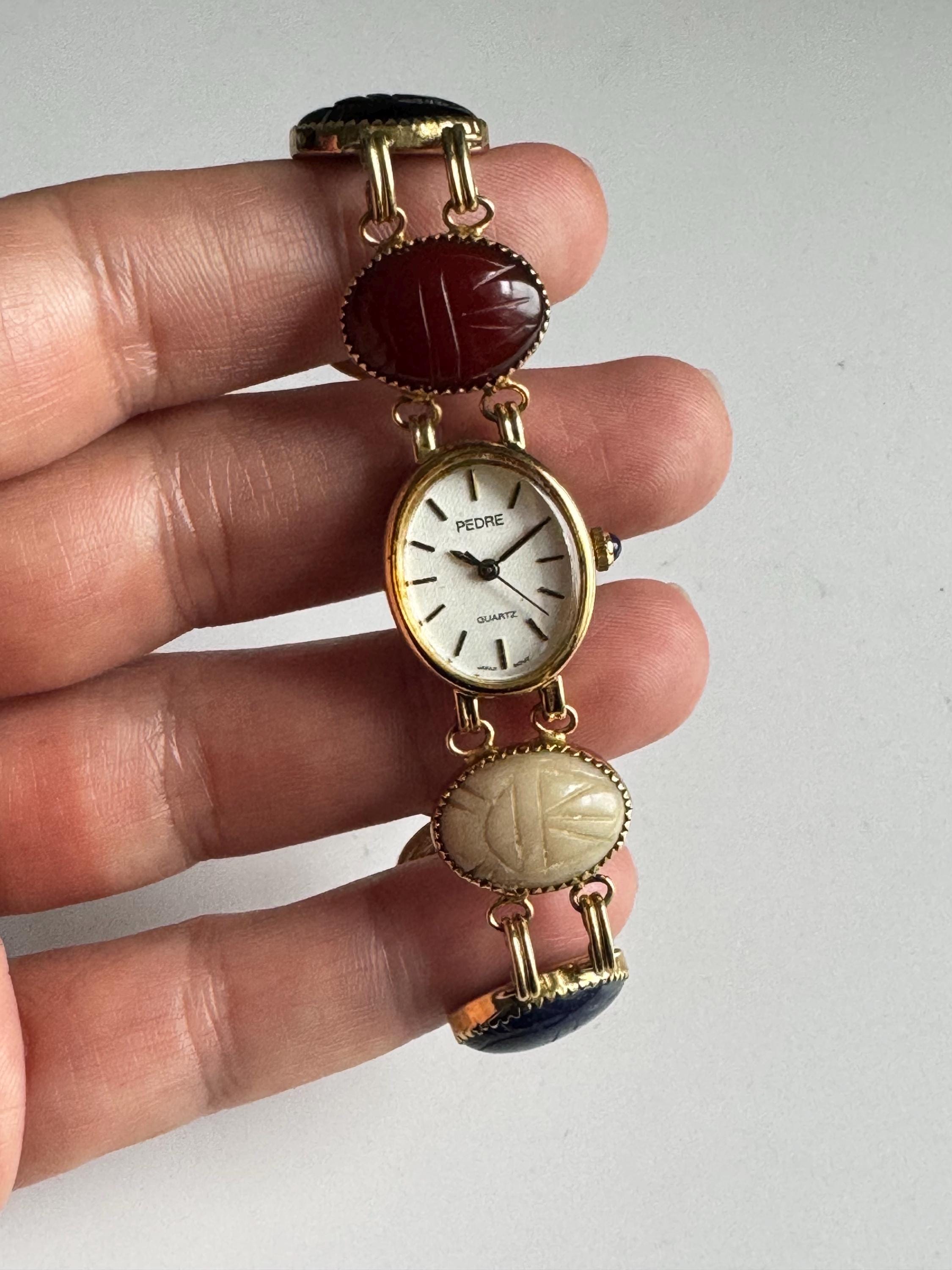 Rare Vintage Gold Tone Watch With Scarab Carved Multi-stones 