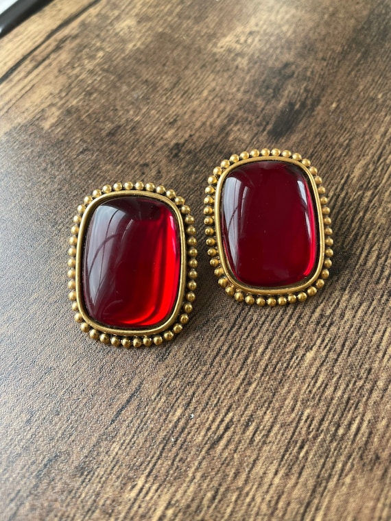 YSL Rectangle Clip On Earrings With Red Cabochon C