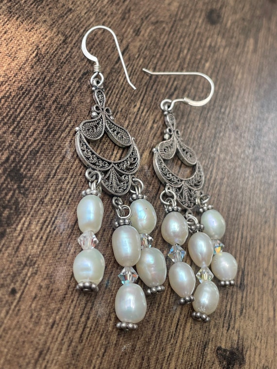 Sterling Silver Pearl Dangle Earrings | Pearl Ear… - image 4