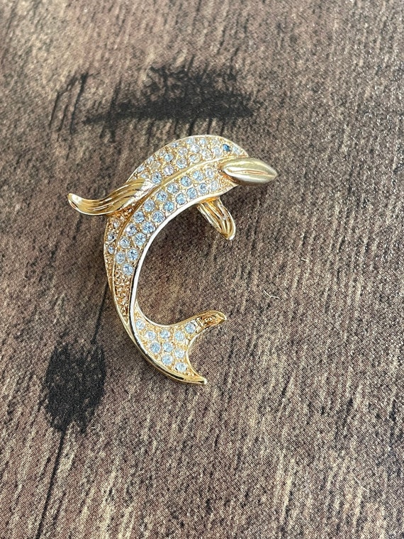 Gold Tone Rhinestone Dolphin Brooch | Dolphin Broo