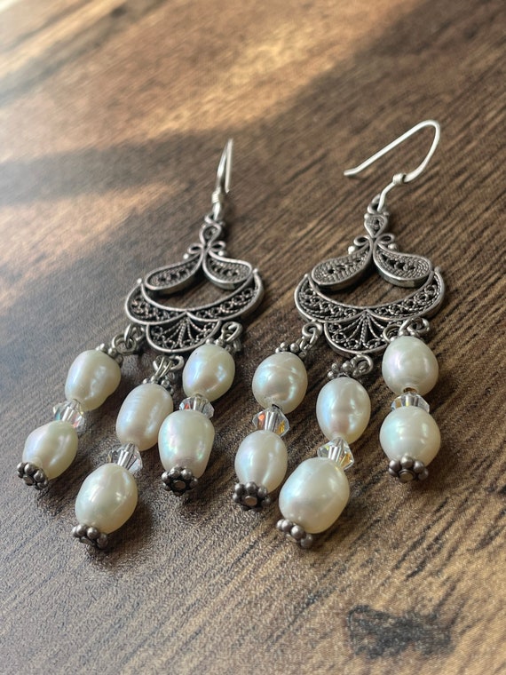 Sterling Silver Pearl Dangle Earrings | Pearl Ear… - image 5