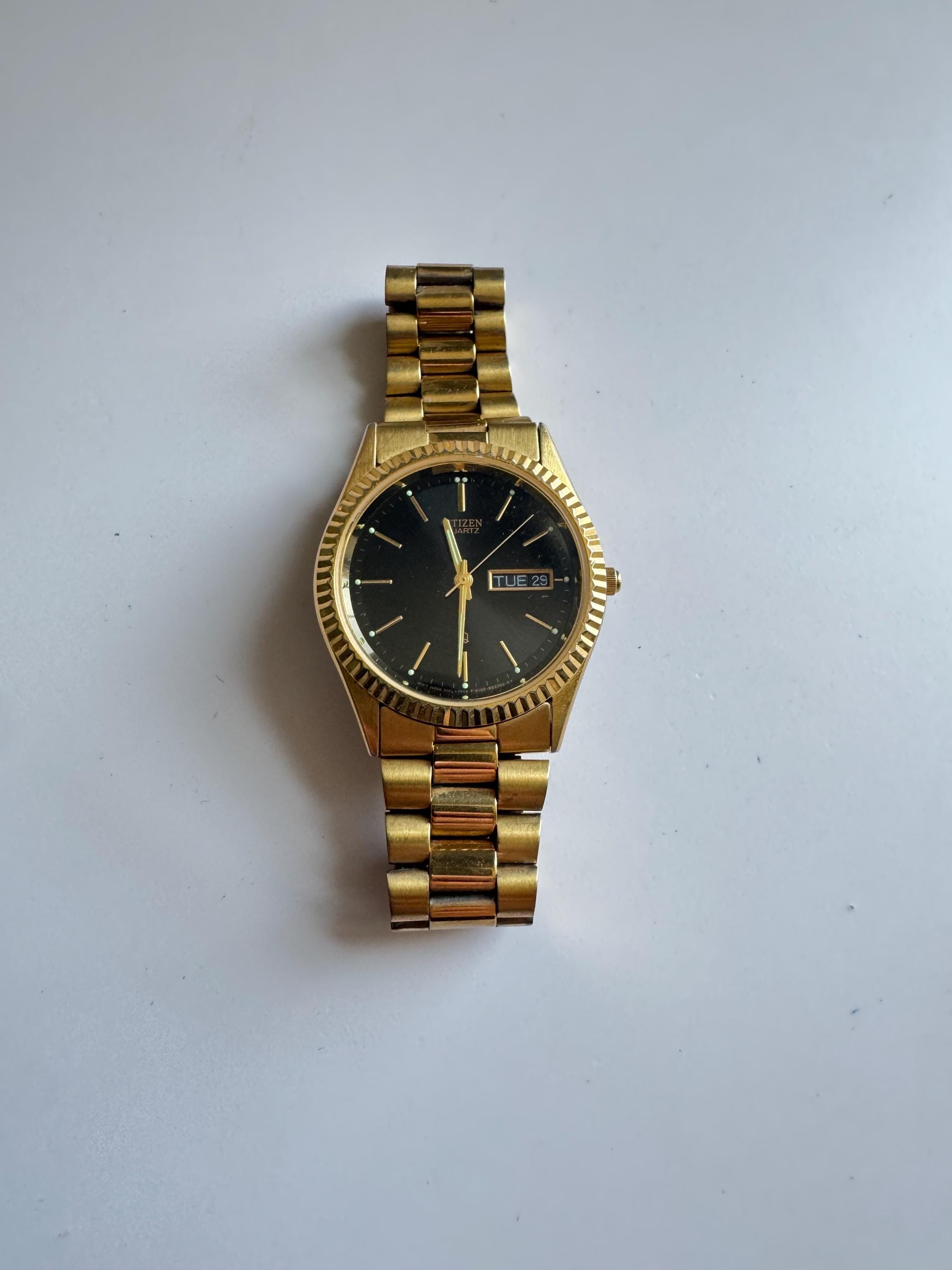 Vintage Citizen Quartz Day-date Watch With Black Dial - New