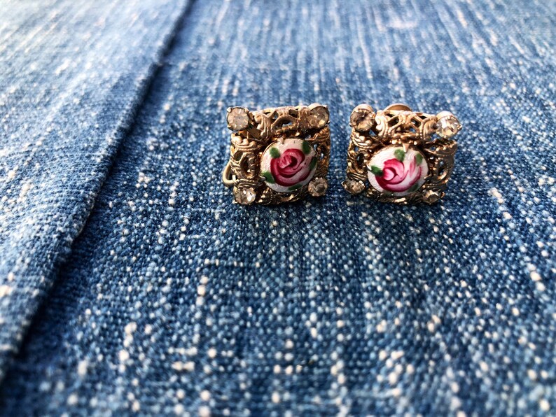 Rhinestone Weiss Earrings Weiss Vintage Signed Weiss Painted Enamel and Rhinestone Screw Back Earrings Painted Flowers Rare Vintage