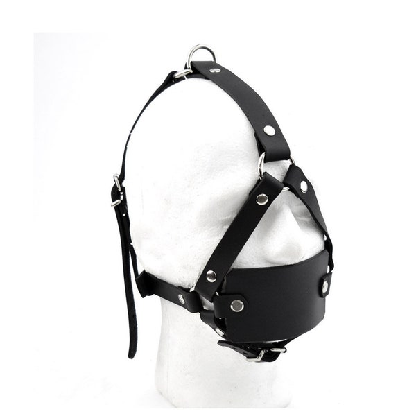 Leather Flat Panel Gag BDSM Bondage Restraint Head harness Premium restraint Black Premium Hand Made ga19Blk