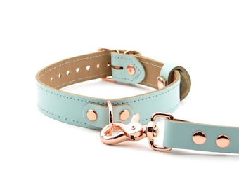 Aqua Adore Blaues Lederband Aurum mit Rosegold D-Ring & Leine | Wunderschönes handgefertigtes doppelt genähtes Submissive Collar | Col41BlAq