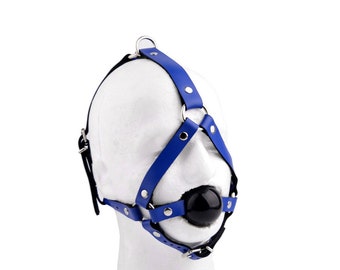 Leder Ballgag Ball Gag Kopfgeschirr BDSM Bondage Fesseln DEEP BLUE premium handgefertigt Qualität Ga15Blu