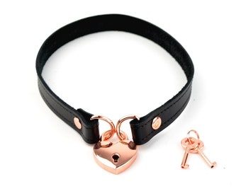 AMARE Black and Rose Gold padlocked stunning leather day collar Col43BlkRg