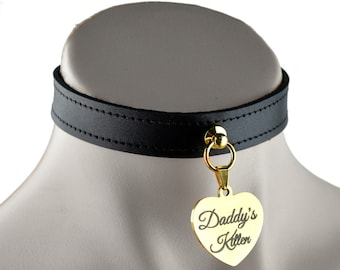 BLACK & GOLD CUSTOM engraved black Heart Pendant collar by Mercy Industries Black Deluxe Leather Col40BlkGld