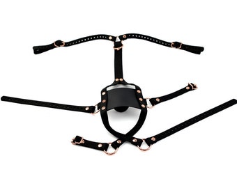 Panel Bondage Ball Gag ROSE GOLD und SCHWARZ Leder BDSM Fessel Kopf Harness ddlg Atemberaubende Qualität BDSM Fetisch Ga06BlkRg