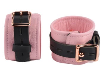 Wrist Cuffs - Premium Blush Pink Leather with Rose Gold Hardware | Lockable Handcrafted DDLG Submissive Bondage Arm Restraints | Cf3WBlPnkRg