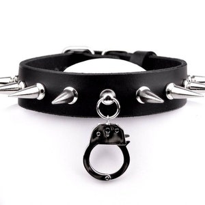 Spiked Black Leather Collar With Handcuff Pendant | Deluxe Beautifully Handcrafted Top Quality Kink Gear | Mistress Master Choker Fetish