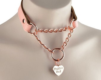 Collar Martingale de cuero rosa rubor / Colgante de corazón de oro rosa, grabado personalizado